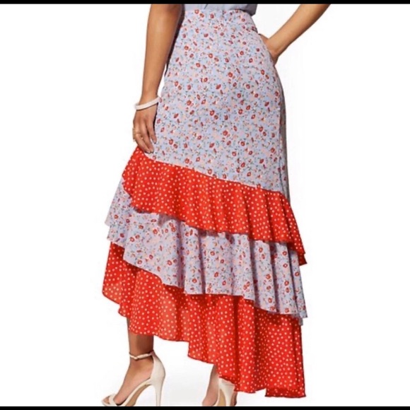 Mixed Print Asymmetrical Ruffle Layered Multicolor Skirt - Picture 2 of 3